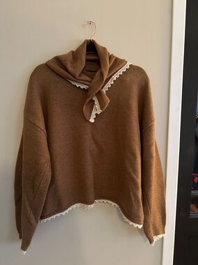 Zara Brown Cowl-Neck Sweater with Cream Lace Trim